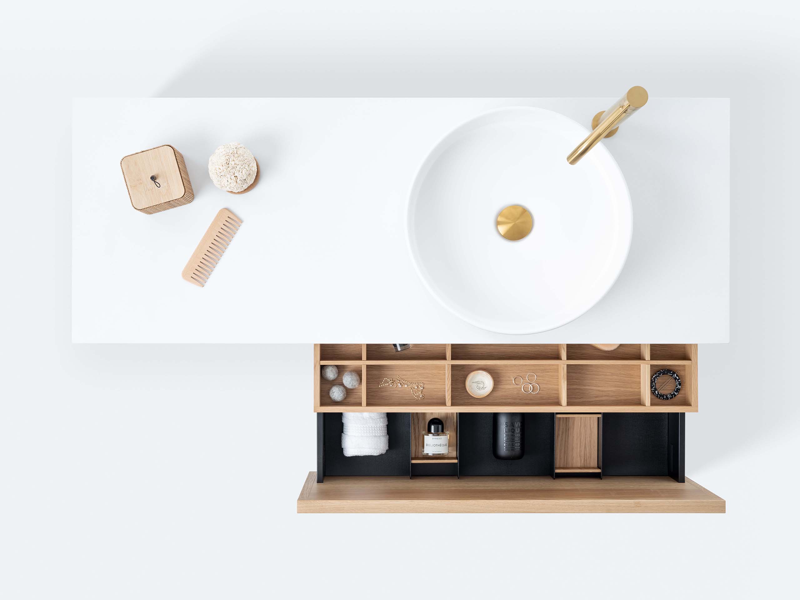 Air Wood 120 C, Natural Oak ja pesuallashana Steel Voyage, Brushed Brass.