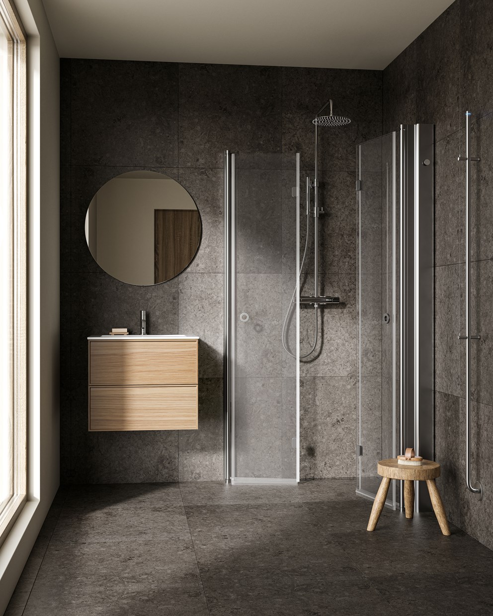 Allaskaluste Core Sense 60 Natural Oak, Smooth-pesualtaalla. Suihkutilaratkaisu Linc Angel Flex Pile-suihkusäilytysratkaisulla ja Mist-kattosuihkulla. Pyyhekuivain Line.