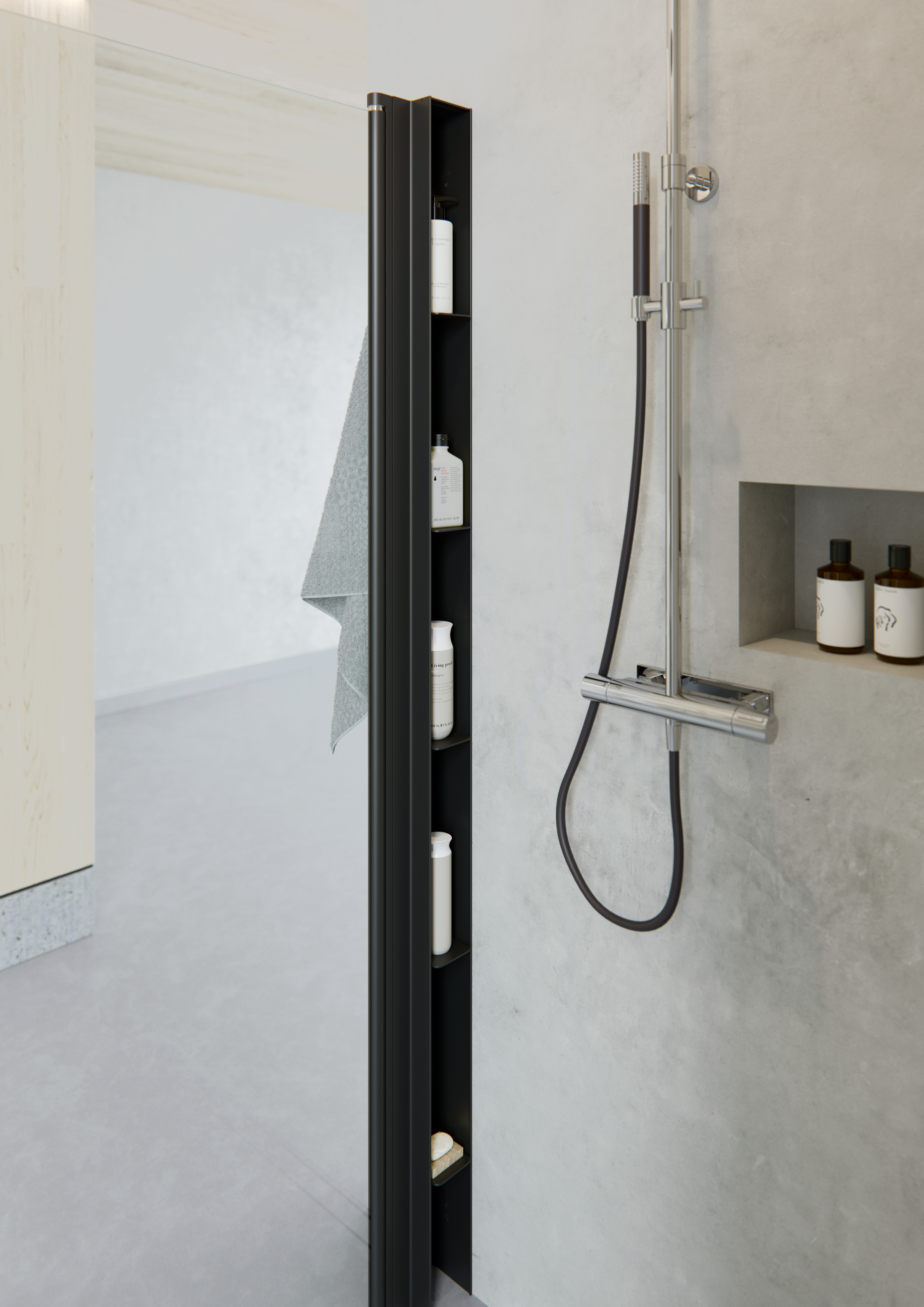 Suihkutilan säilytysratkaisu PILE mustana.
