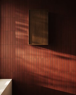 Ett badrumsskåp i mörk ek mot en rödkaklad vägg.