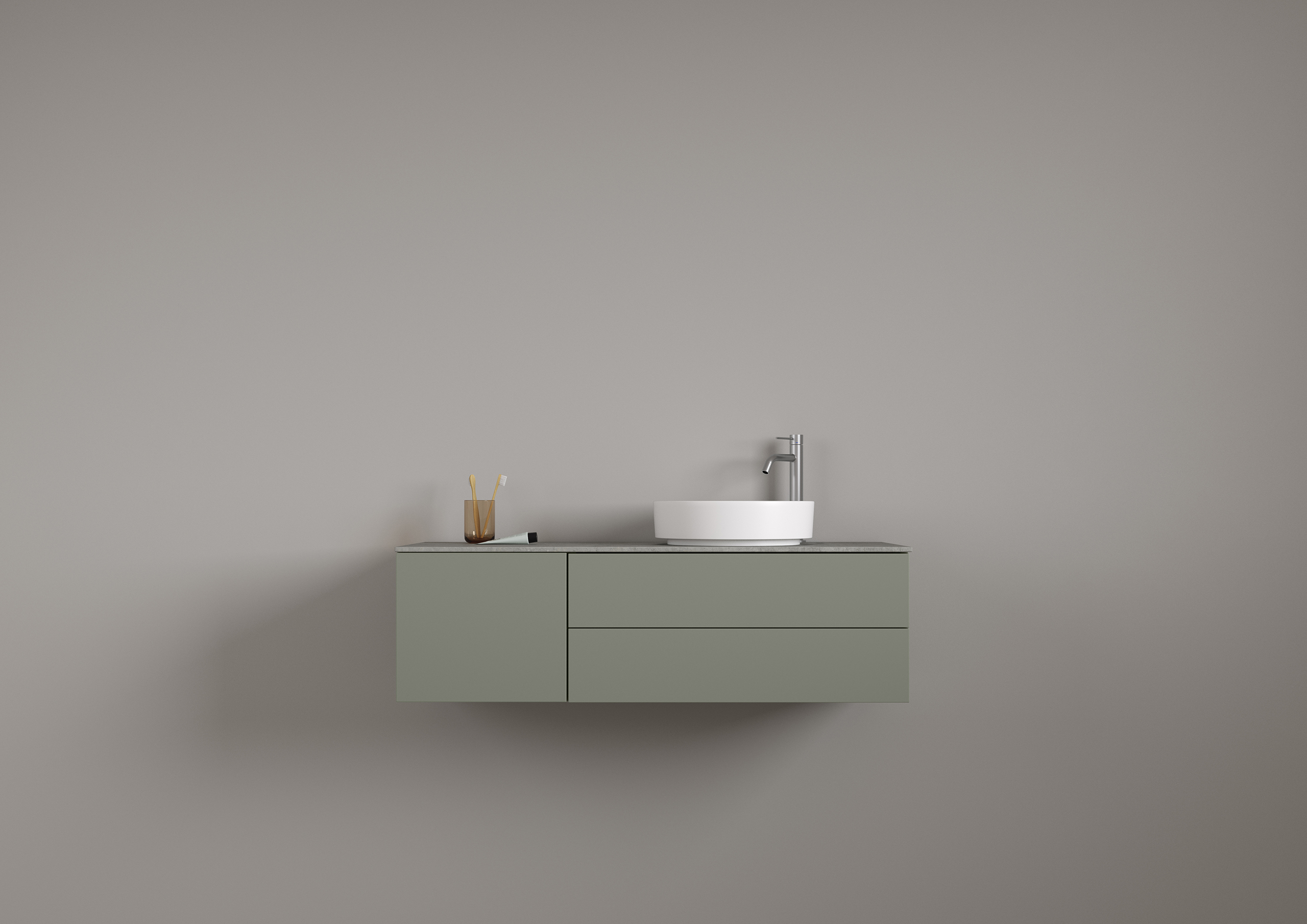 AIR Solid 120 A, Forest NCS S 5005 G50Y ja pöytätaso Raw Concrete.
