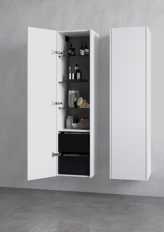Korkea kaappi GRAND Solid 40, väri Premium White, laatikoilla.
