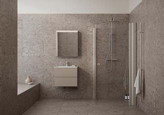 Allaskaappi Core Solid 60 Warm Clay, suihkuseinä Linc Angel ja pyyhekuivain Line sävyssä NCS S 4005-20R