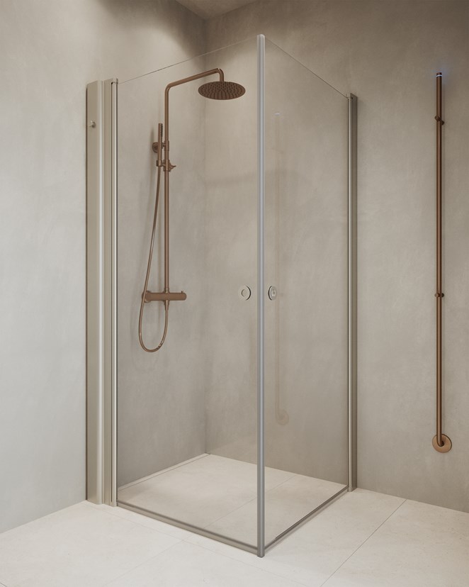 Suihkukulma Linc Angel, integroidulla Pile-säilytysratkaisulla sävyssä Stone. Kattosuihkusetti Brushed Bronze.