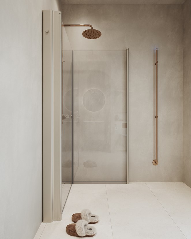 Suihkukulma Linc Angel, integroidulla Pile-säilytysratkaisulla sävyssä Stone. Kattosuihkusetti Brushed Bronze.