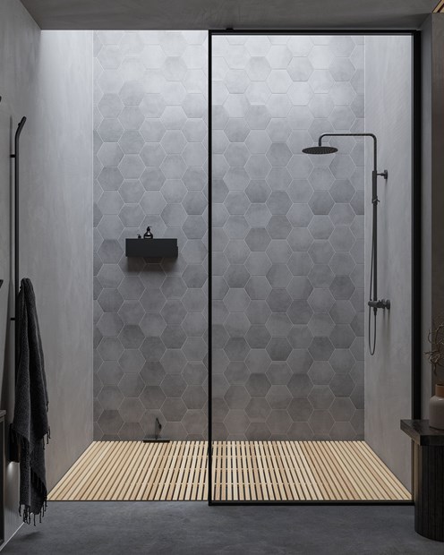 Suihkuseinä Edge 20 Plus, kattosuihku Pleasure 2, suihkusäilytys Box ja pyyhekuivain Bow.