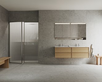 Edge 4 Stone -viimeistelyssä, yhdistettynä Core Nema 160 -kalusteeseen sävyssä Natural Oak. Alvaret Ash 60x30.