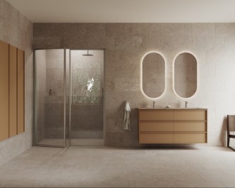Terra Carve 140D yhdistettynä Slot-peiliin, Edge 4 -suihkuseinään ja Alvaret Clay 30x60 -laattaan.