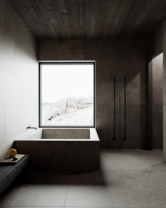 Alvaret Slate 60x120 -laatta yhdistettynä Line-pyyhekuivaimen kanssa.