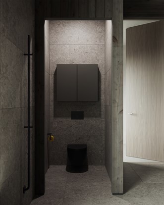 Solid 40/15 -seinäkaappi sävyssä Carbon Grey, yhdistettynä Line-pyyhekuivaimen ja Alvaret Slate 60x120 -laatan kanssa.