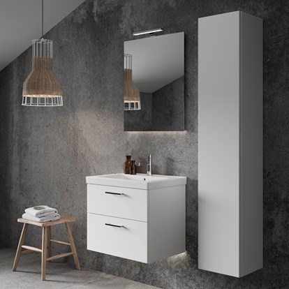Kaluste VISKAN Solid 60, väri Premium White, vedin ADD. Pesuallas mattavalkoista kivikomposiittia. Pesuallashana CASUAL ja pop-up-pohjaventtiili, kromi.