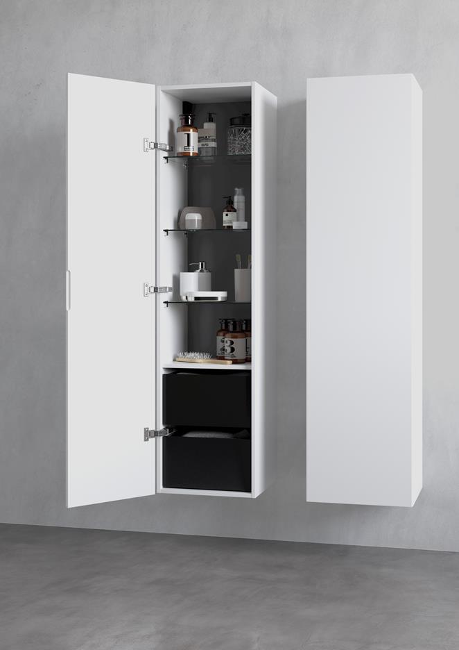 Korkea kaappi VISKAN Solid 40, väri Premium White, laatikot. Upotettu vedin sivussa.
